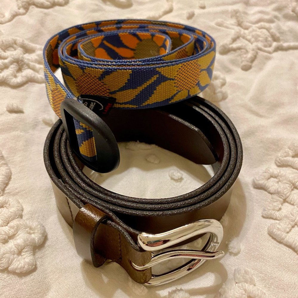 Two belts - GAP leather and REI sunflower webbed